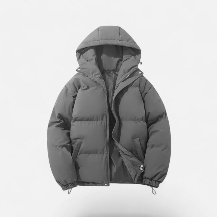 Comfortable men's hooded jacket, padded for extra warmth in cold weather.