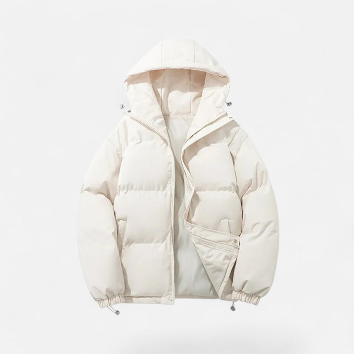 Men's hooded padded jacket, black, for winter & cold weather adventures.