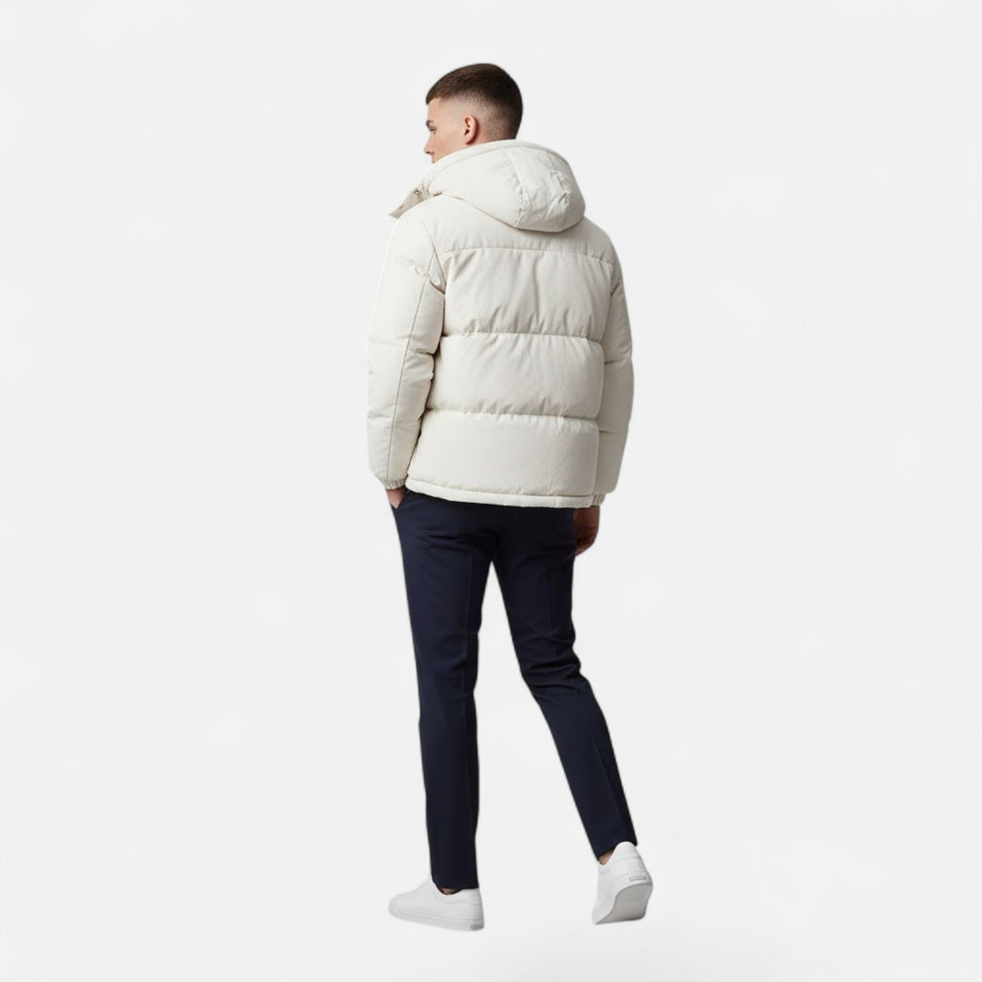 Warm men's zip-up hooded jacket, comfortable outerwear for cold weather fashion.