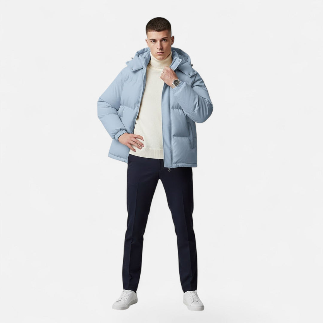 Modern men's padded hooded outerwear, perfect for staying warm in cold climates.
