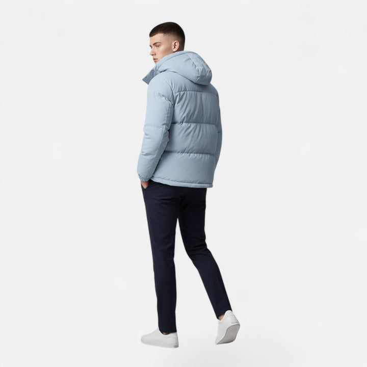 Classic men's hooded padded jacket, offering warmth and style for any winter occasion.