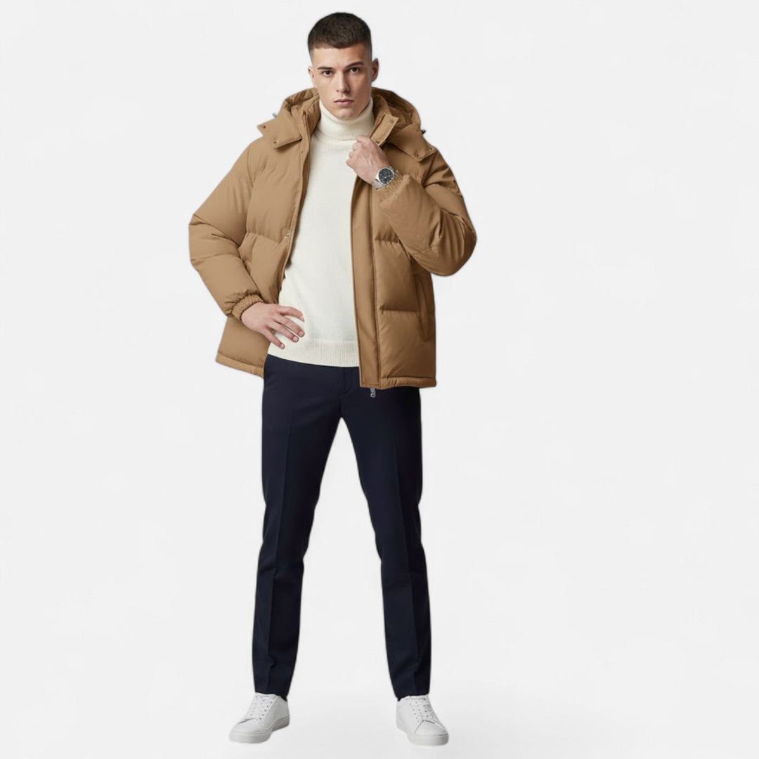 Warm & stylish men's padded jacket, hooded for maximum cold weather comfort.