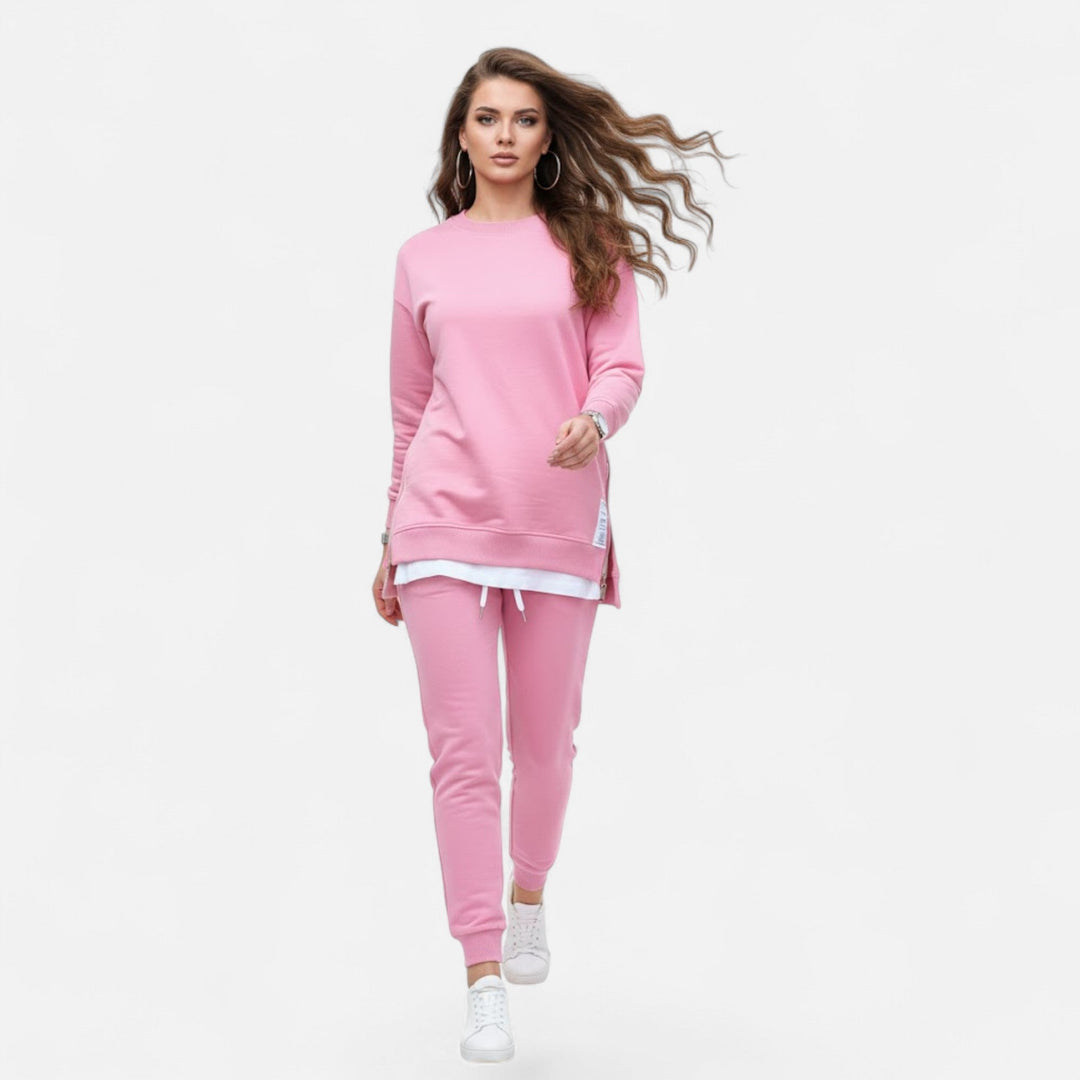 Women's stylish coordinated set: soft sweatshirt with a trendy slit and matching comfortable lounge pants.