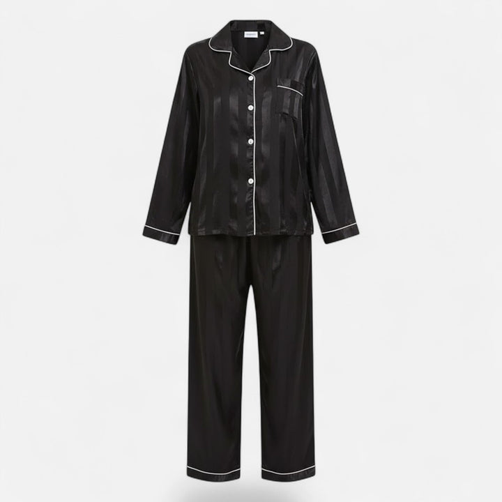 Elegant women's striped long sleeve lounge set, perfect for home wear and everyday comfort.