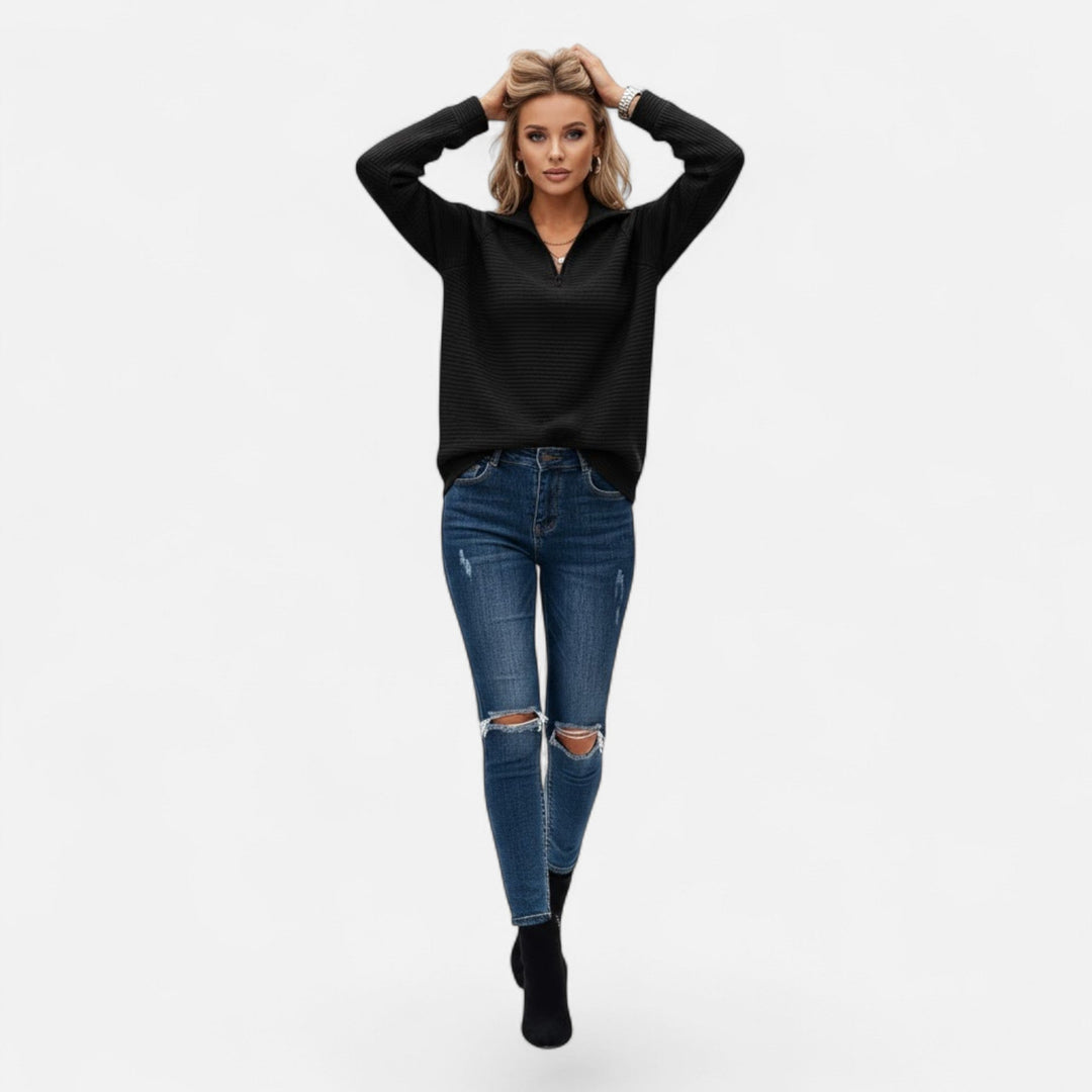 Women's casual wear: Stand-collar pullover sweater, comfortable & stylish long-sleeve zipper knitwear.