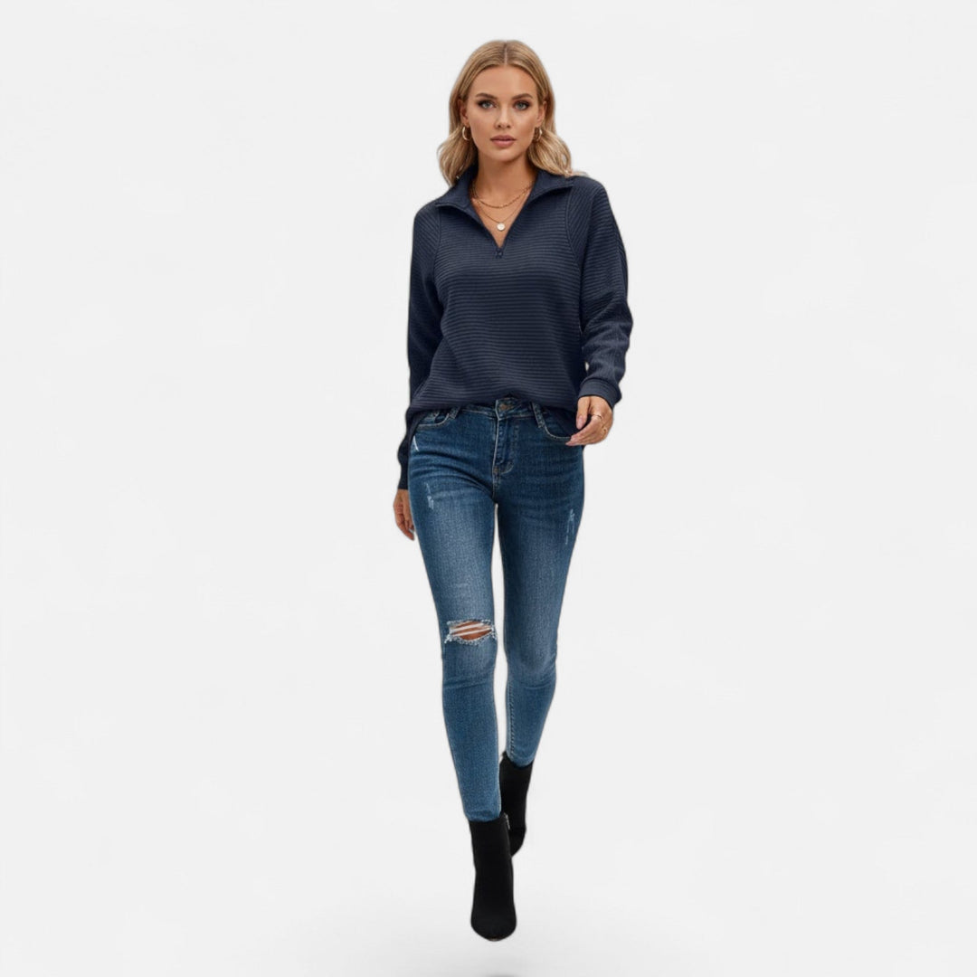 Versatile long-sleeve knitwear: Women's zipper stand-collar sweater, perfect for layering & daily wear.