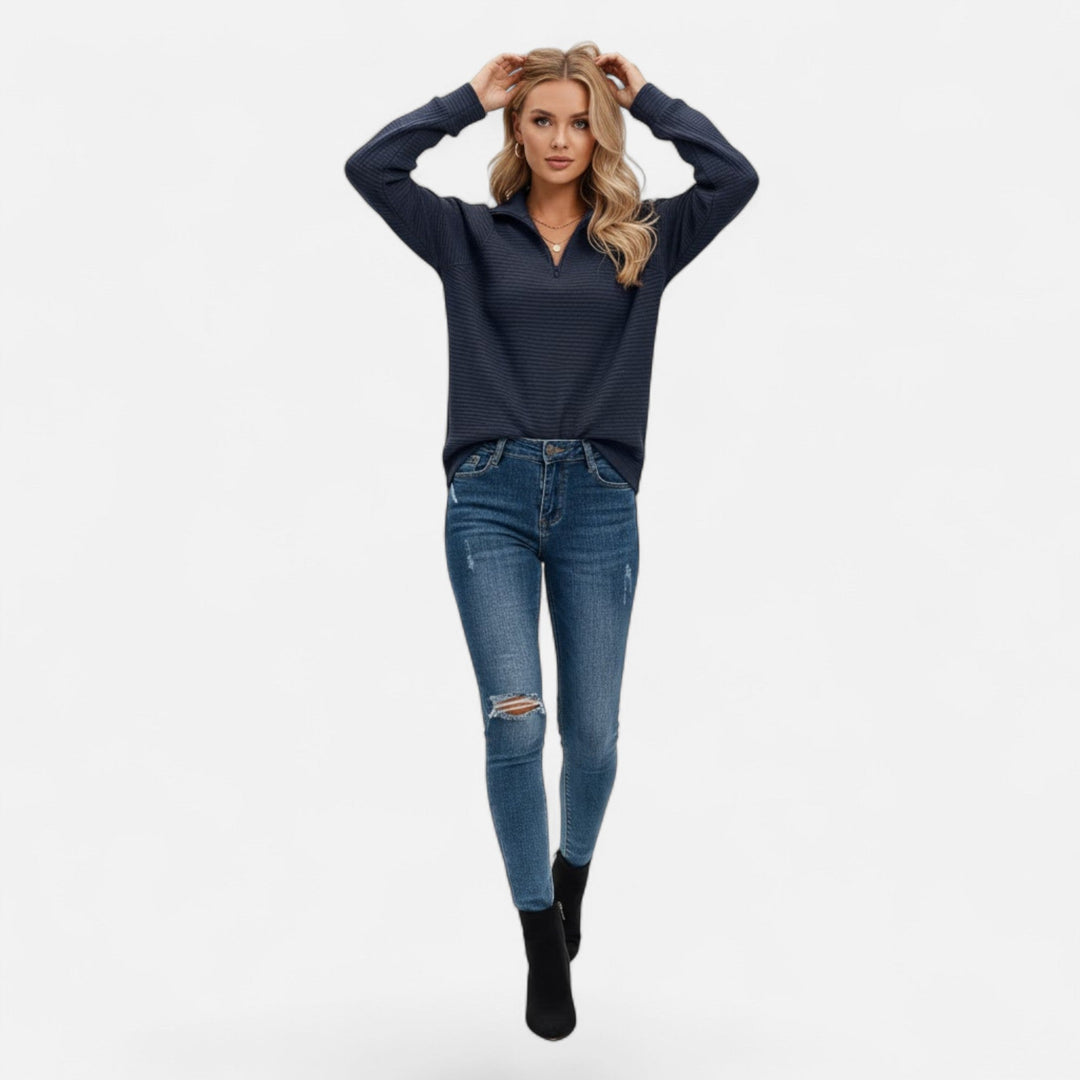 Modern ladies' fashion: Stand-collar zipper pullover sweater, offering cozy chic style & comfort.