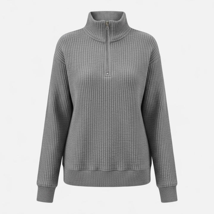 Women's chic autumn pullover, zipper stand-collar design, comfortable and elegant knitwear.