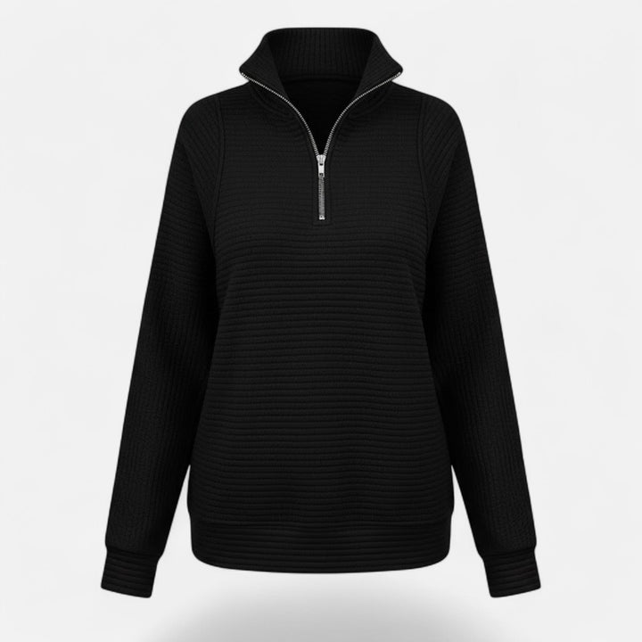 Autumn fashion: Women's cozy pullover with stand collar & zipper, essential knitwear for ladies' style.