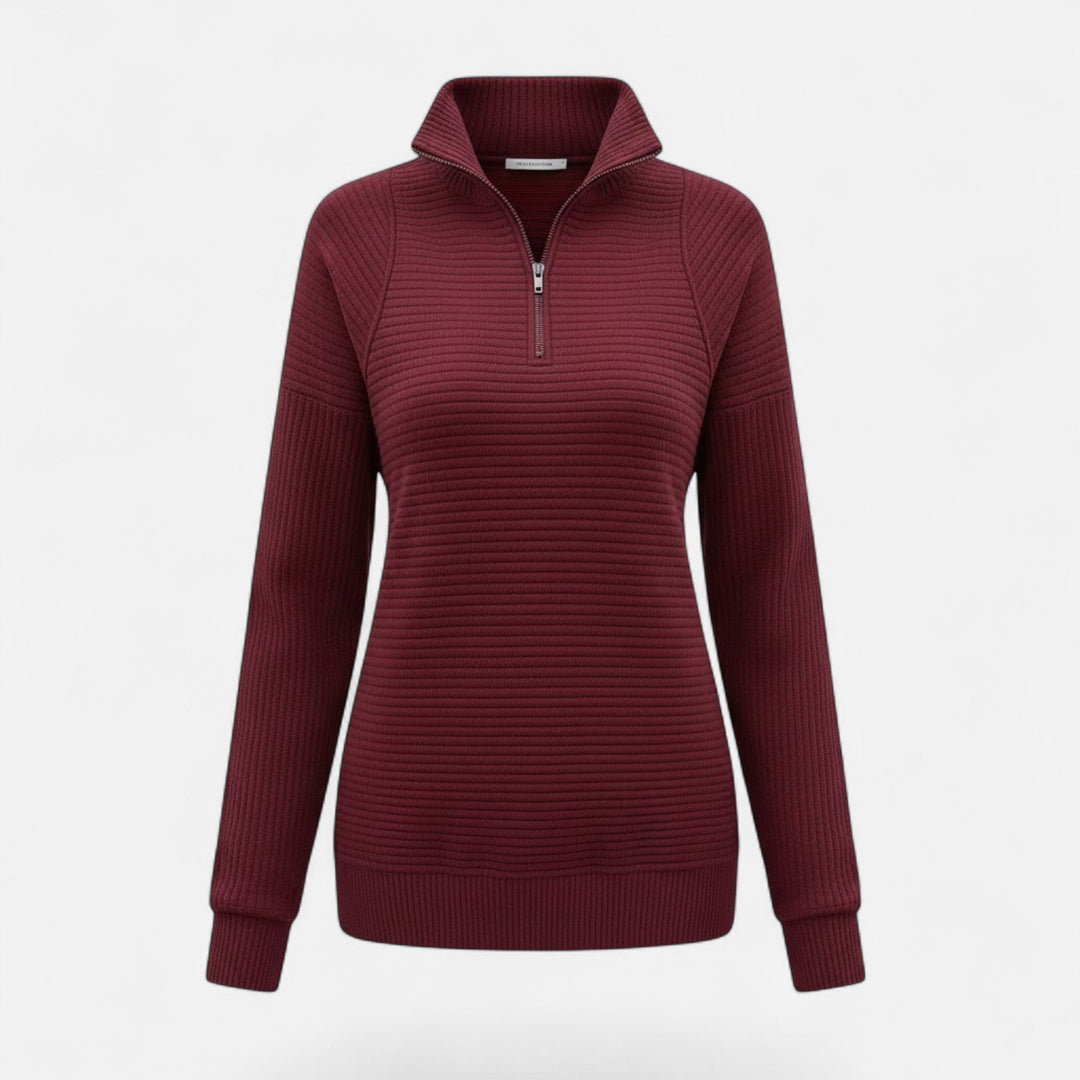 Office attire: Elegant women's zipper stand-collar pullover sweater, professional & cozy ladies' fashion.