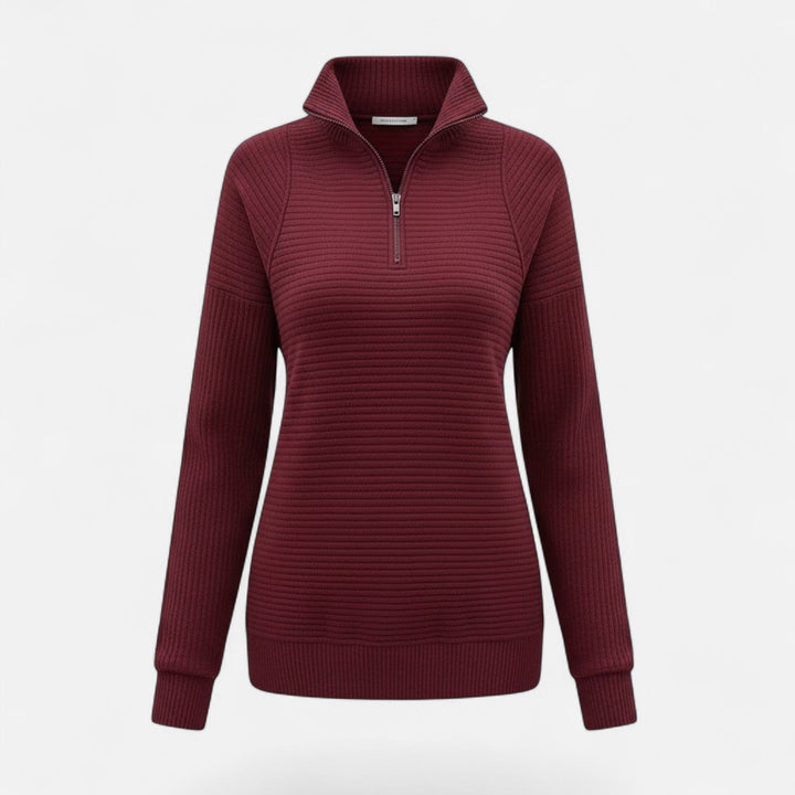 Office attire: Elegant women's zipper stand-collar pullover sweater, professional & cozy ladies' fashion.