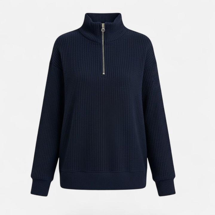 Elegant women's pullover sweater with a functional zipper & trendy stand collar, a wardrobe essential.
