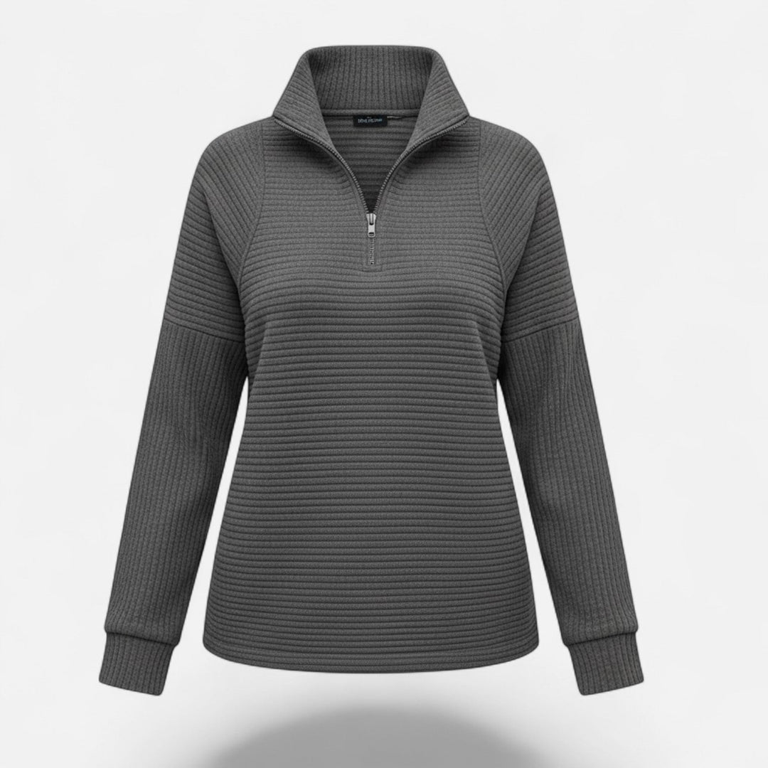 Front view: Women's versatile zipper sweater with stand collar, perfect for elegant autumn & spring looks.