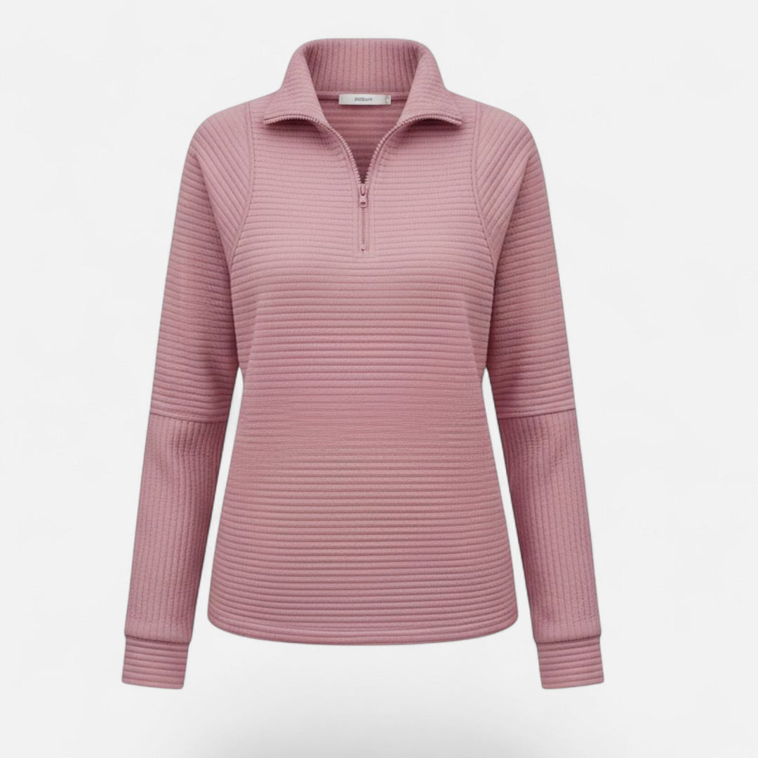 Close-up: Zipper & stand collar detail on a women's elegant pullover sweater, quality knitwear.