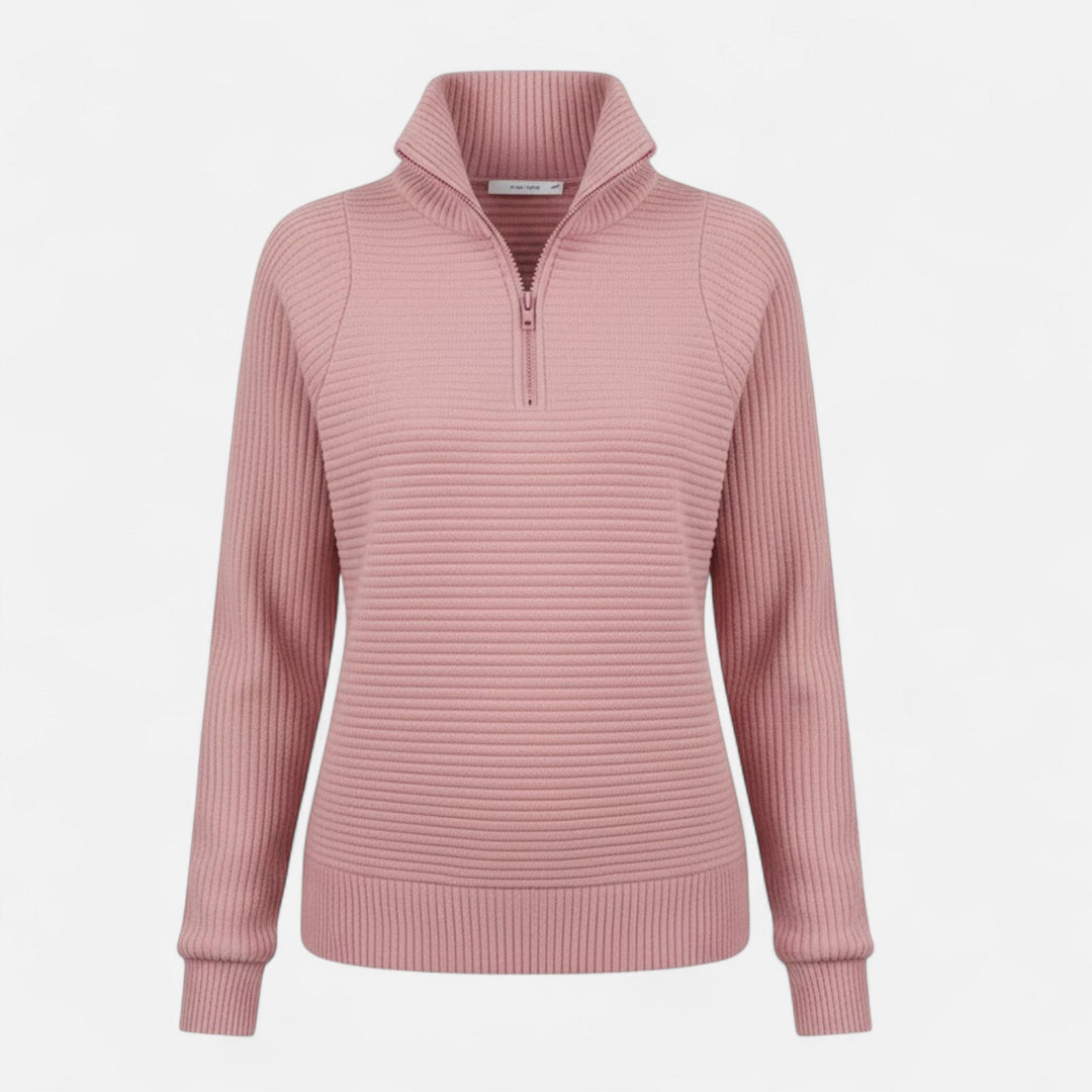 Elegant women's knitwear: Pullover sweater with stand collar & practical zipper, suitable for office.