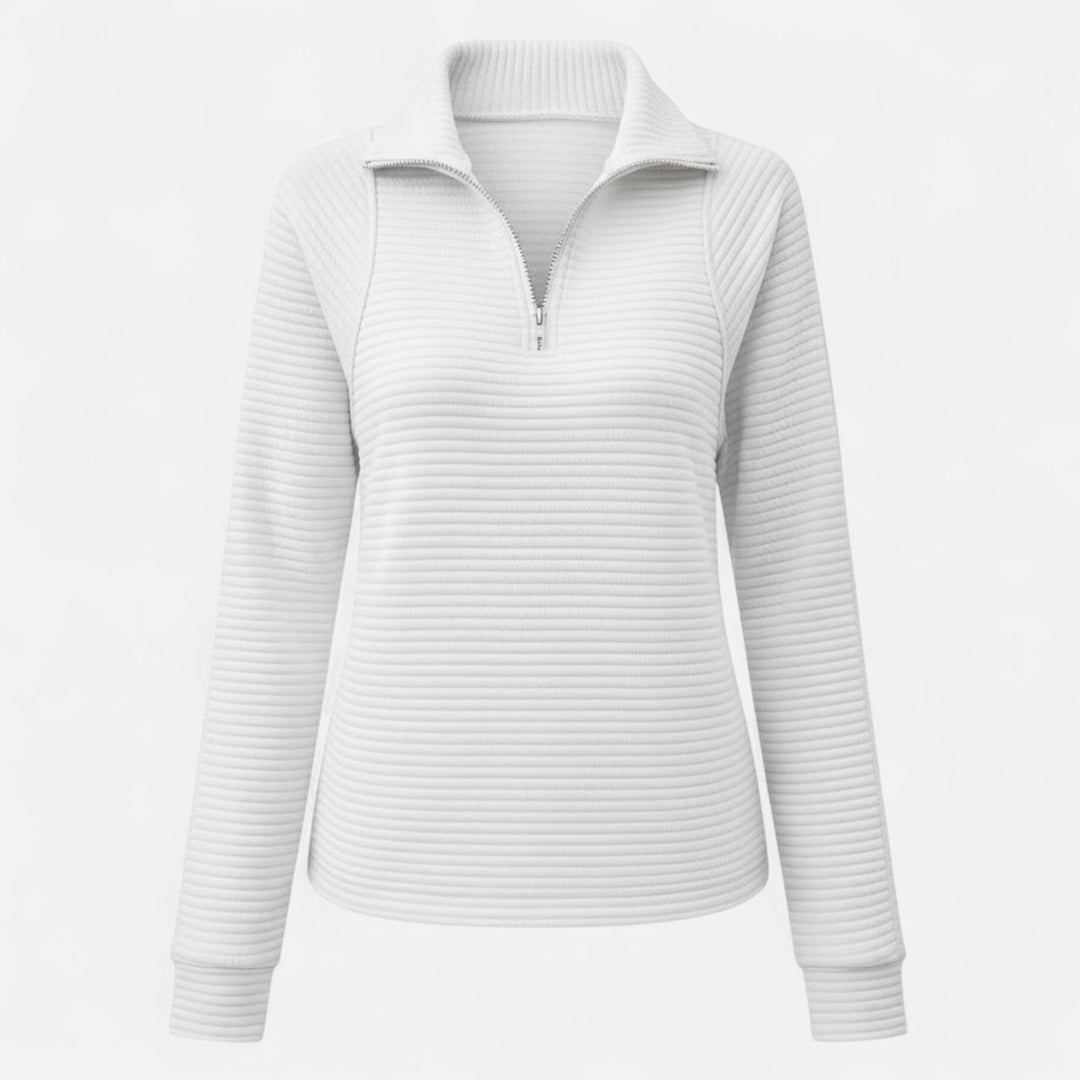 Women's elegant zipper stand-collar pullover sweater in soft knit, ideal for autumn fashion & spring style.