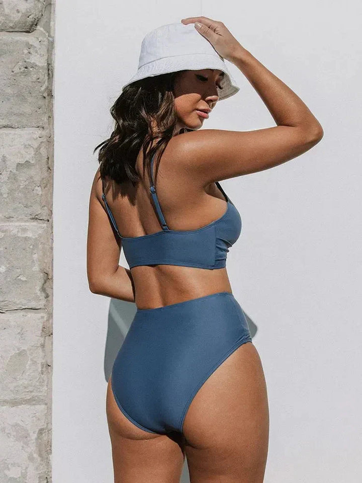 Colorful high waist bikini set, women's vibrant swimwear for holidays.