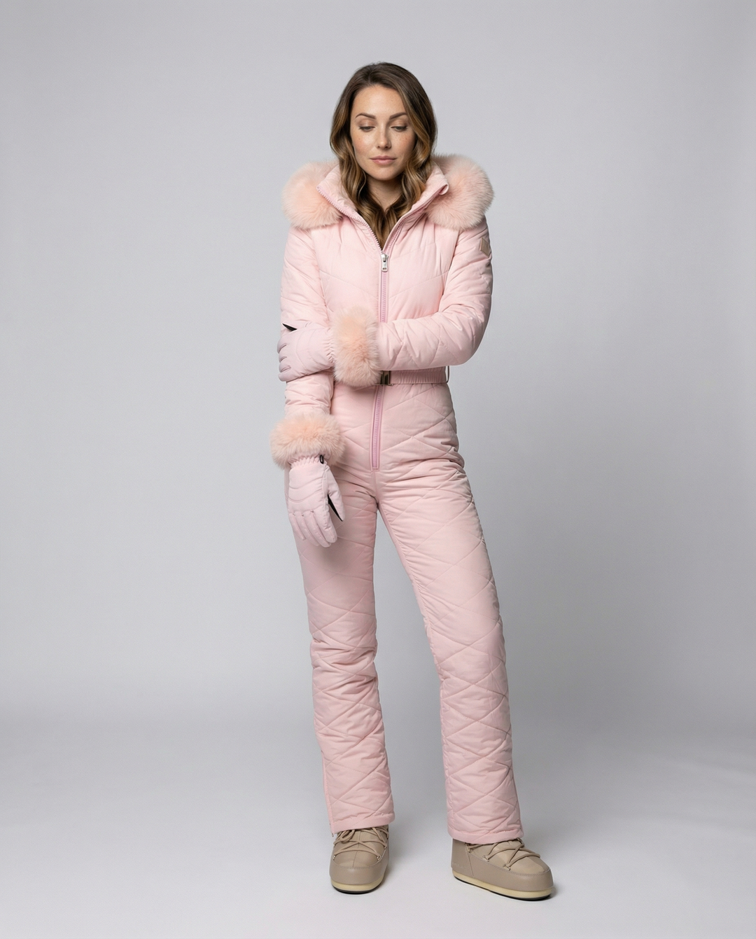 Women's winter snowboard overall with zipper. Weather-resistant ski suit for cold outdoor activities.