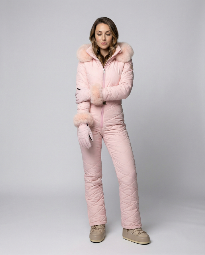 Women's winter snowboard overall with zipper. Weather-resistant ski suit for cold outdoor activities.