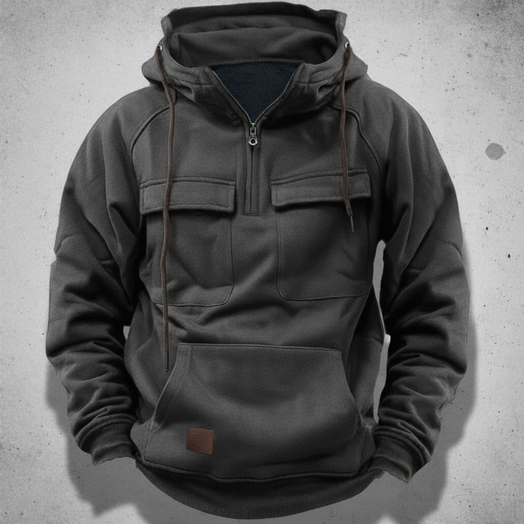 Versatile men's quarter zip hooded sweatshirt for casual wear, perfect for any season & everyday style.