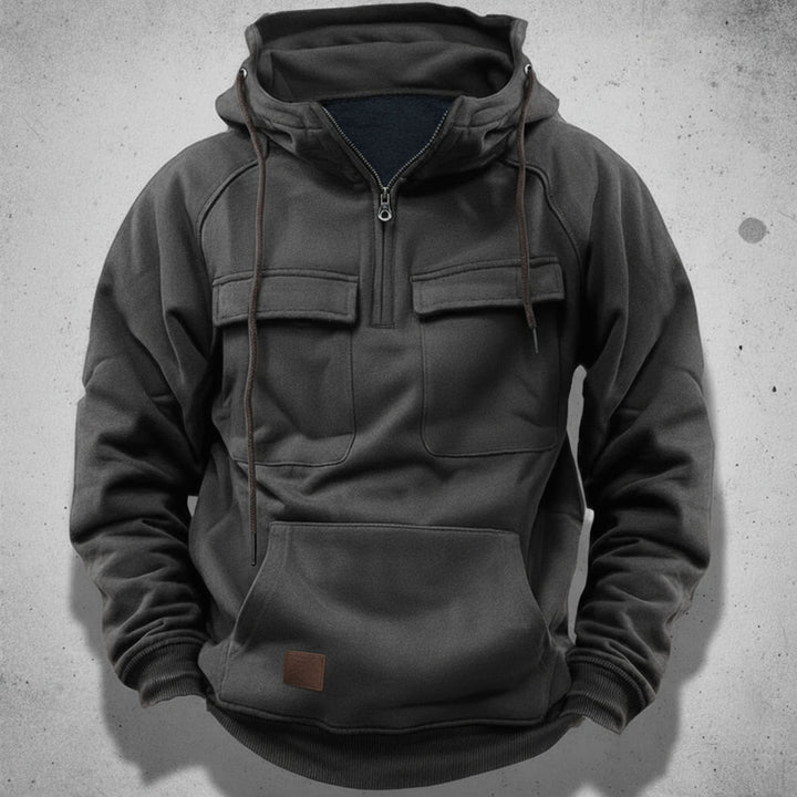 Versatile men's quarter zip hooded sweatshirt for casual wear, perfect for any season & everyday style.