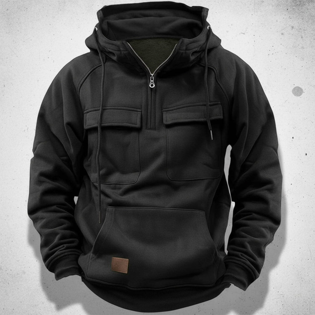 Stylish men's fashion quarter zip hoodie, offering ultimate comfort & versatile everyday style. Relaxed fit.