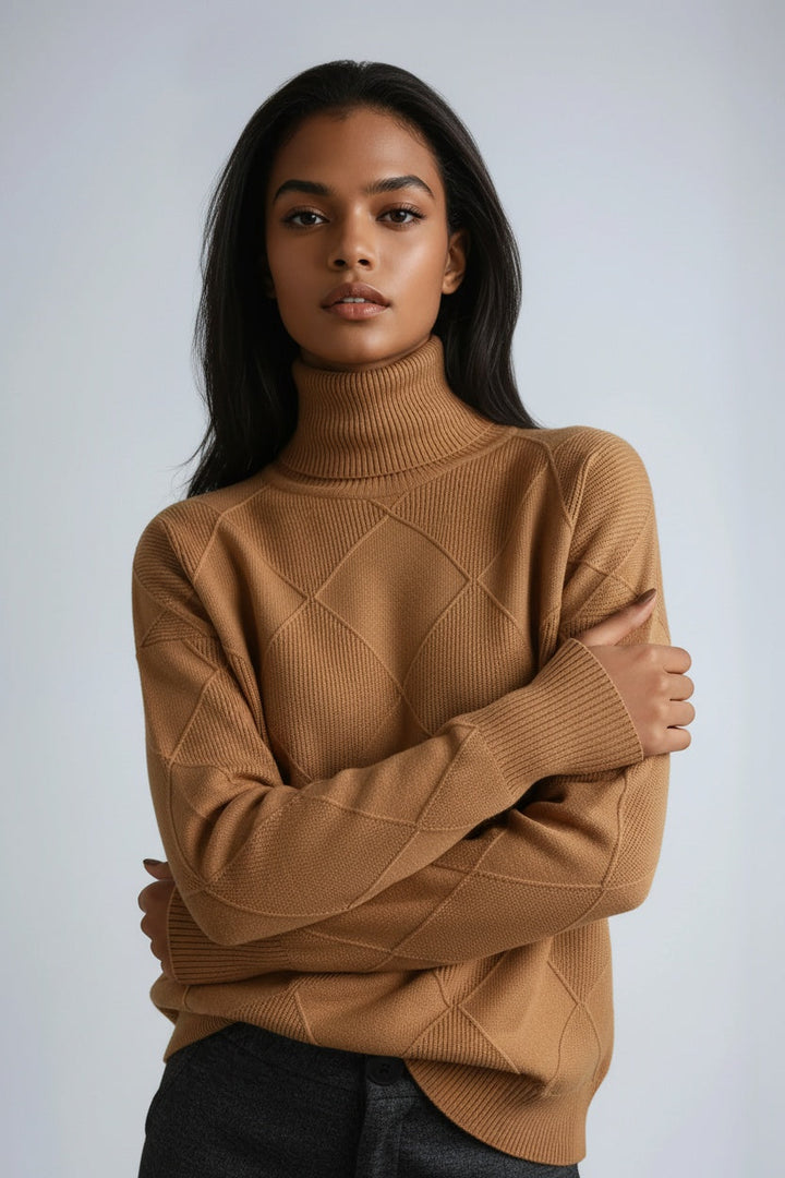 Close-up of a women's cozy diamond knit turtleneck sweater, showcasing the elegant motif. Warm winter top.