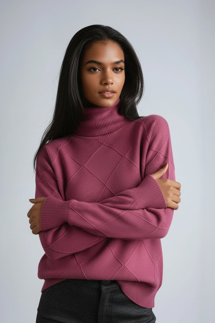 Versatile women's diamond motif turtleneck sweater. A casual chic knitwear piece for various fall outfits.