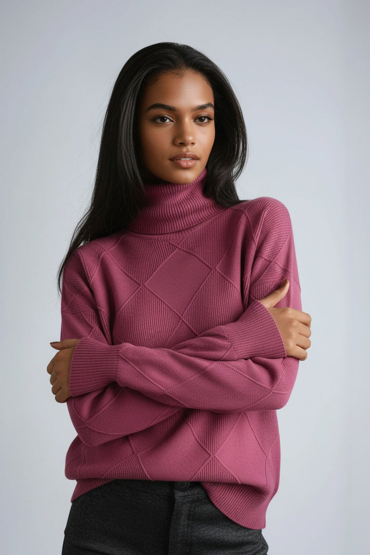 Versatile women's diamond motif turtleneck sweater. A casual chic knitwear piece for various fall outfits.