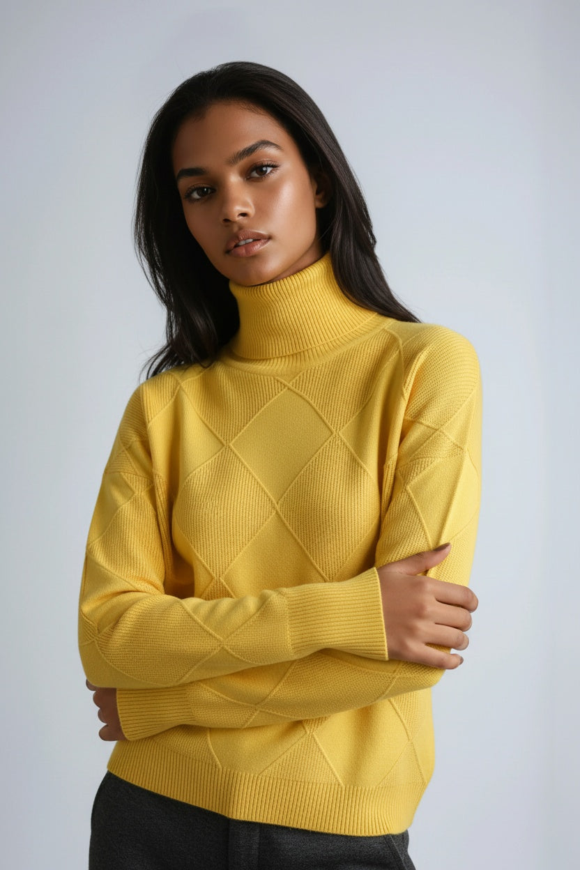 Cozy knit women's turtleneck sweater featuring a stylish diamond motif. Comfortable and warm for winter fashion.