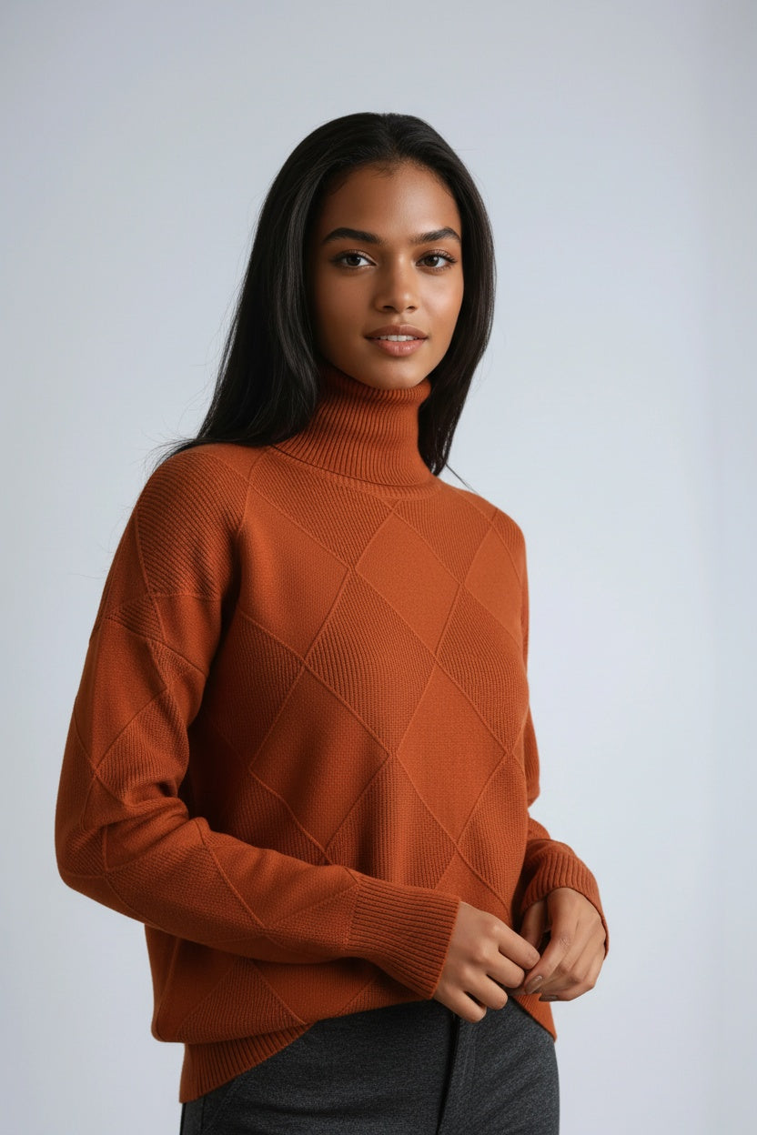 Elegant women's diamond knit turtleneck sweater, a chic long sleeve top for sophisticated fall outfits.
