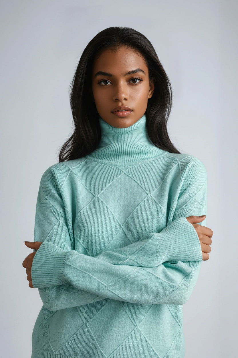 Stylish women's long sleeve turtleneck sweater with a beautiful diamond motif. Perfect for warm winter fashion.