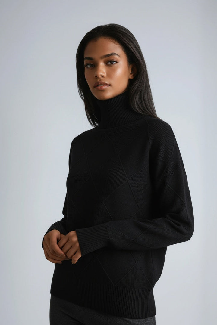 Casual chic women's long sleeve turtleneck sweater with a diamond knit pattern. Ideal warm jumper for fall.