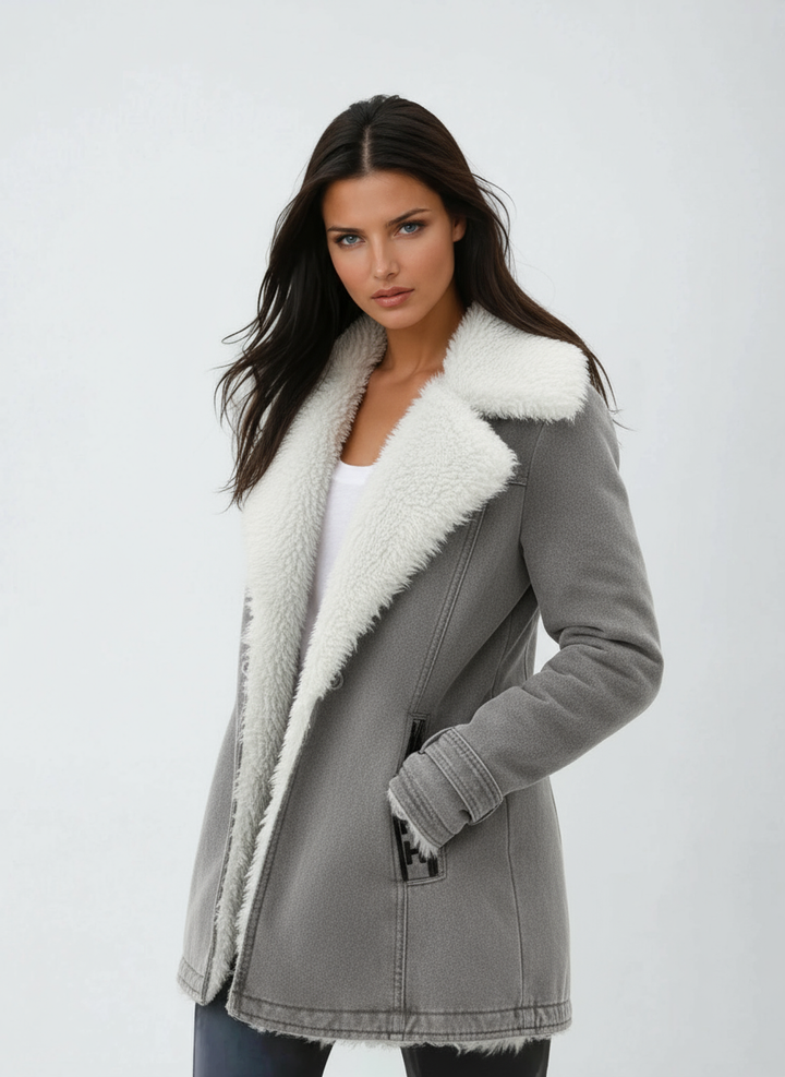 Warm women's winter coat with button front, long sleeve, perfect for cold weather elegance.