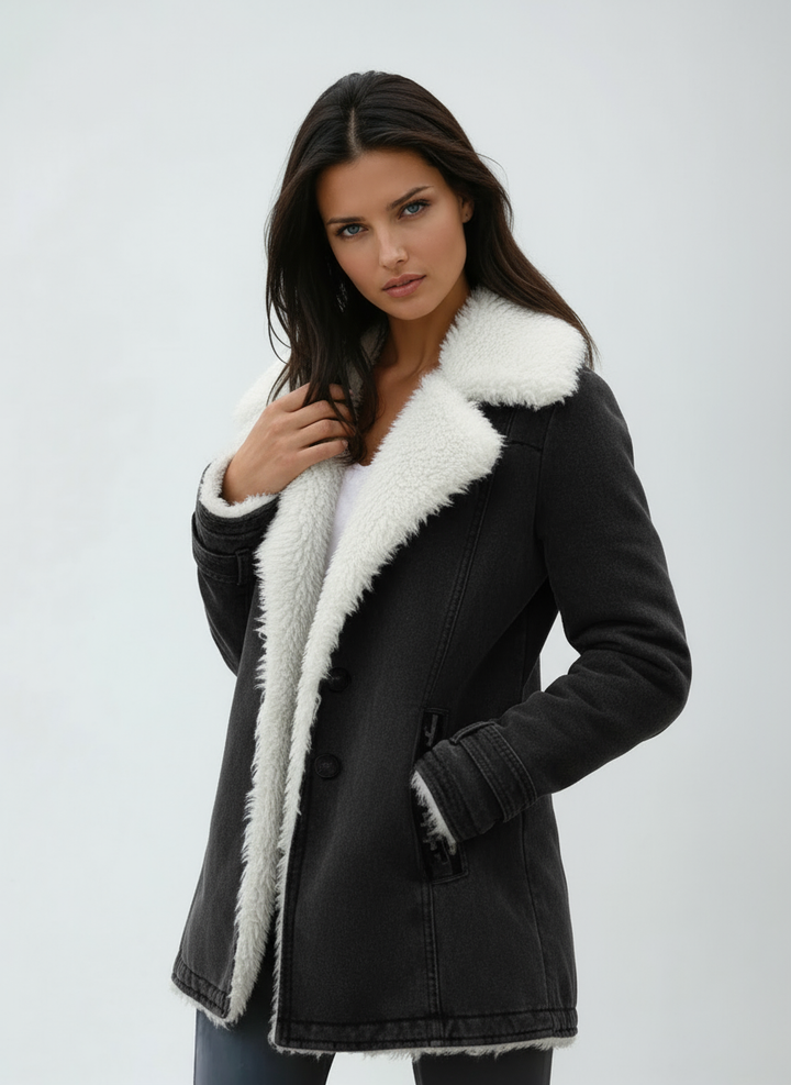 Stylish women's elegant winter coat, warm long sleeve outerwear for fashionable cold weather.