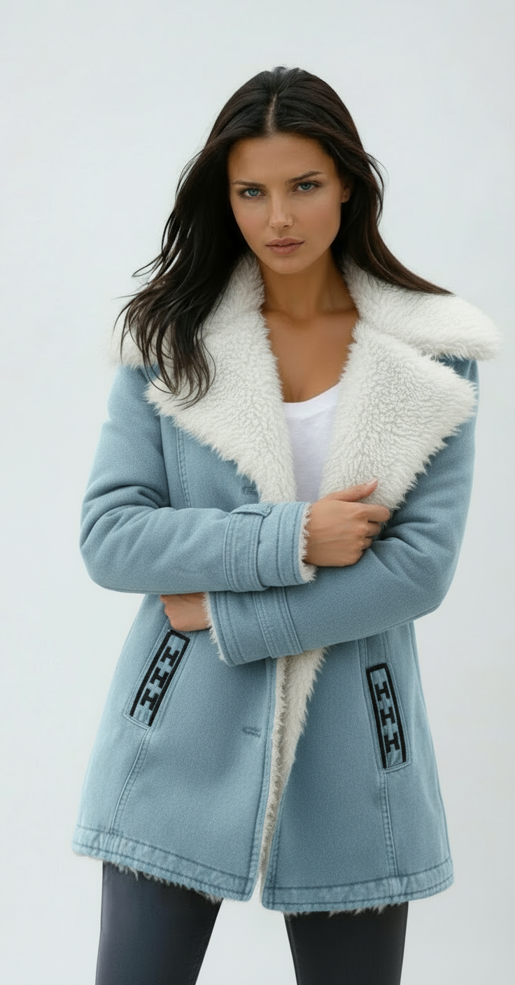 Fashionable women's winter outerwear, cozy long sleeve jacket for elegant style.