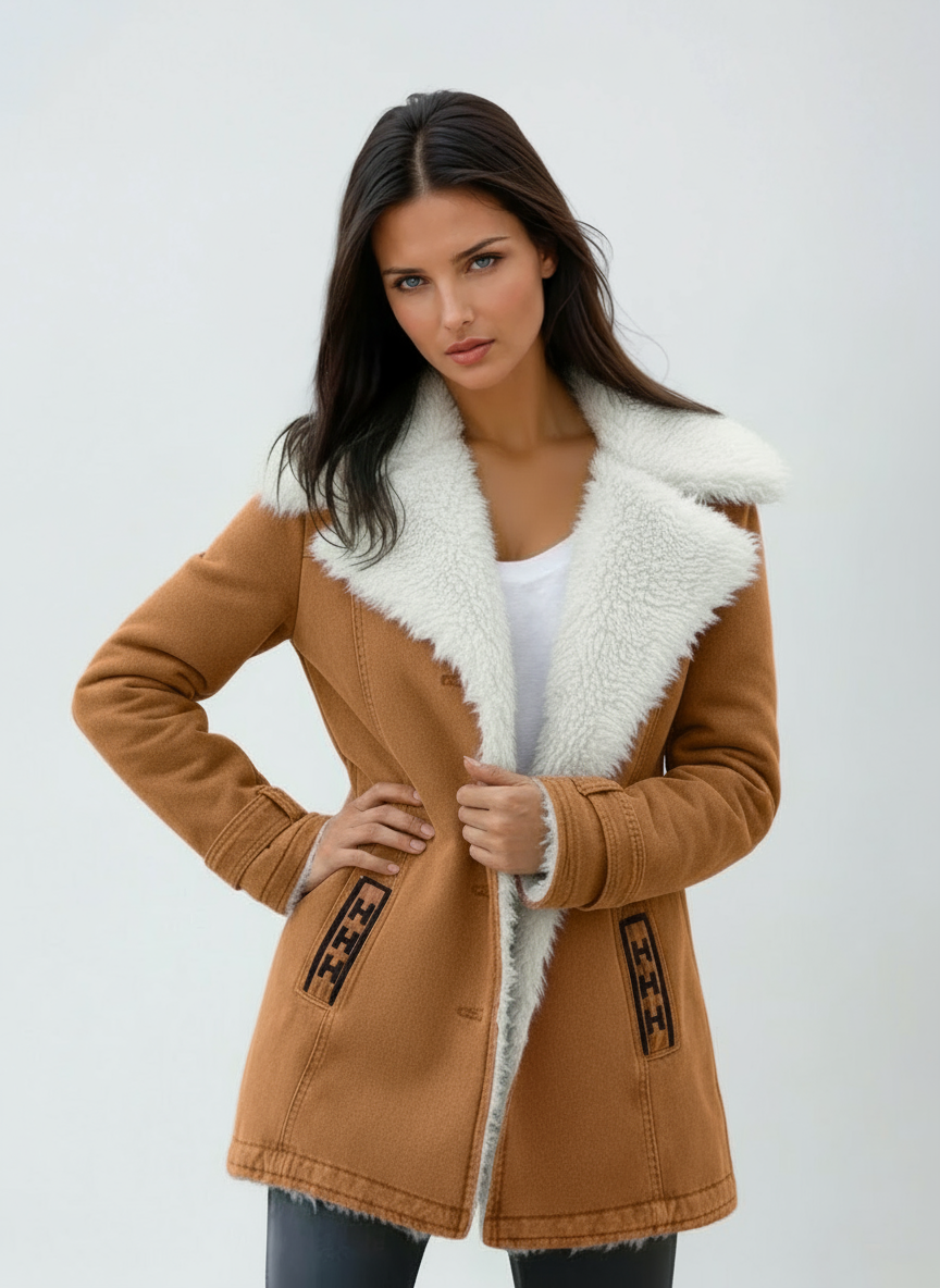 Premium women's elegant winter coat. Warm, fashionable long sleeve outerwear with button front for cold weather.