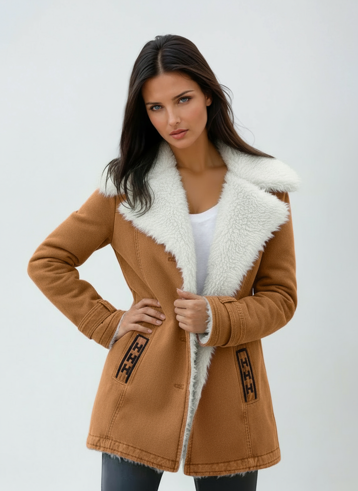 Premium women's elegant winter coat. Warm, fashionable long sleeve outerwear with button front for cold weather.