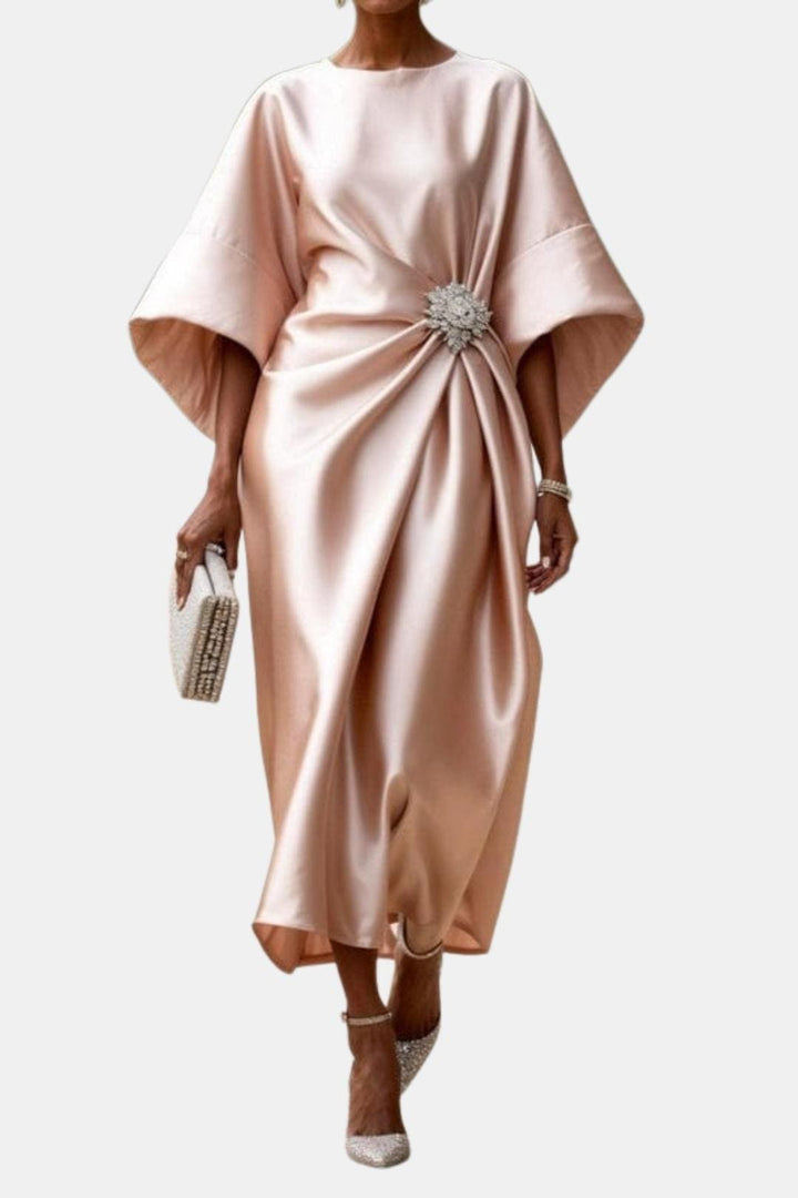 Sophisticated A-line maxi dress for women with elegant wide sleeves. Ideal for parties, evening gowns, formal wear.