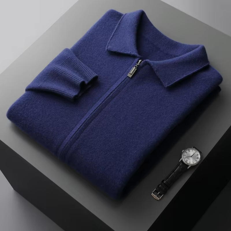 Men's stylish full-zip collared sweater with ribbed details. A warm, casual zip-up cardigan for layering.