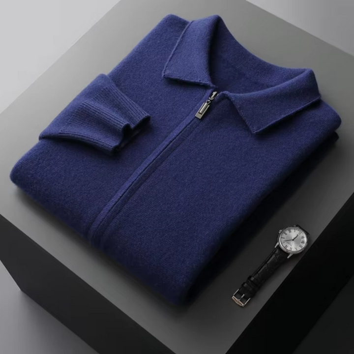 Men's stylish full-zip collared sweater with ribbed details. A warm, casual zip-up cardigan for layering.