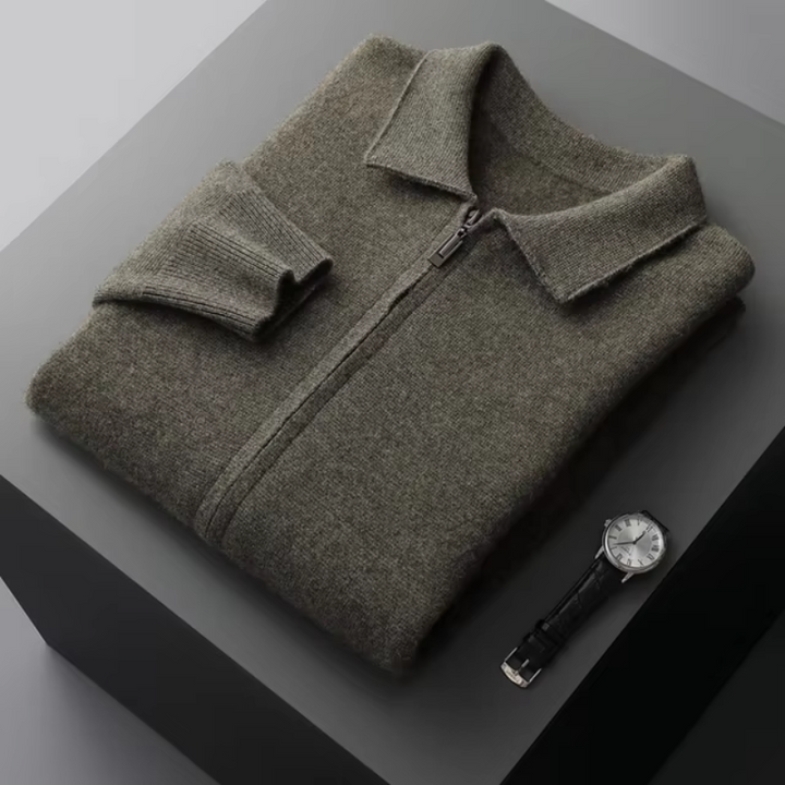 Durable men's full-zip collared sweater, great for versatile layering. Warm zip-up cardigan pullover style.