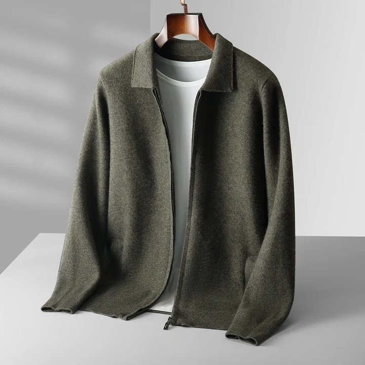 Comfortable men's full-zip collared sweater, a smart layering cardigan. Versatile warm zip-up for men's style.