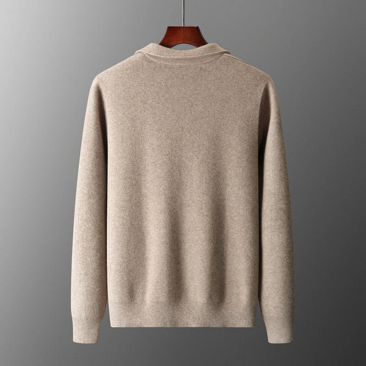 Soft, warm men's full-zip collared sweater, perfect for casual layering. Essential zip-up cardigan for comfort.
