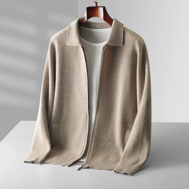 Men's full-zip collared cardigan sweater for easy layering. A comfortable and warm zip-up for men's fashion.