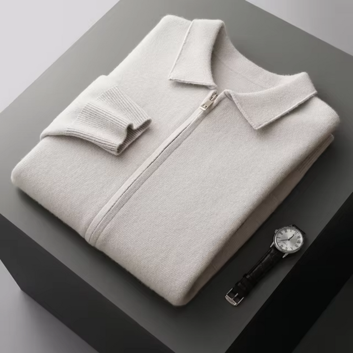 Modern fit men's full-zip collared sweater, a versatile layering piece. Casual zip-up cardigan for everyday style.