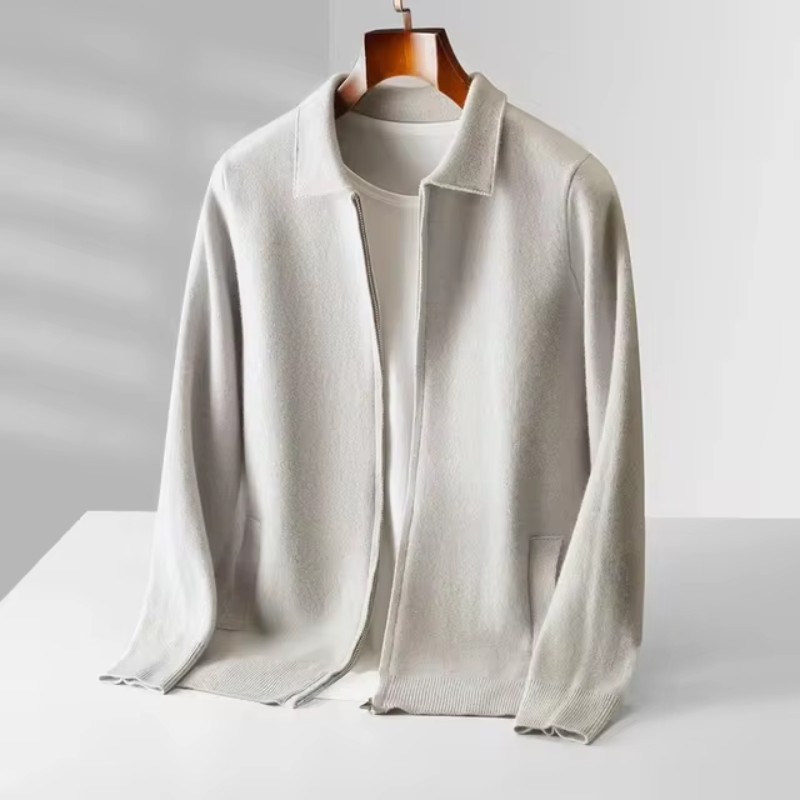 Warm men's zip-up collared sweater, essential for layering. Comfortable full-zip cardigan for casual men's fashion.