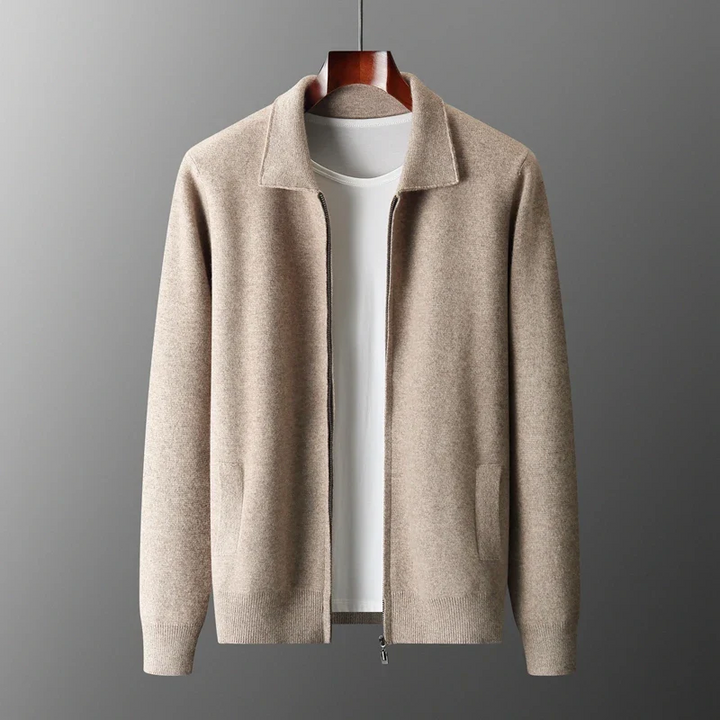 Men's full-zip collared sweater for versatile layering. A classic warm zip-up cardigan in men's fashion.