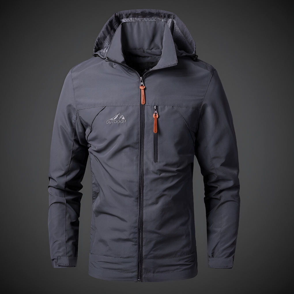 Comfortable men's waterproof wind jacket. Lightweight design provides superior weather protection for active lifestyles.