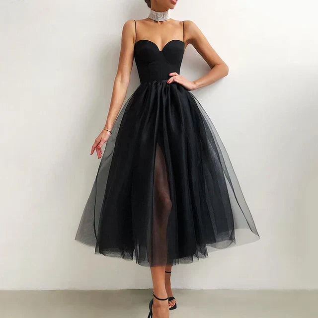 Glamorous women's A-line evening gown with a corset detail, ideal for parties, cocktails & wedding guests.